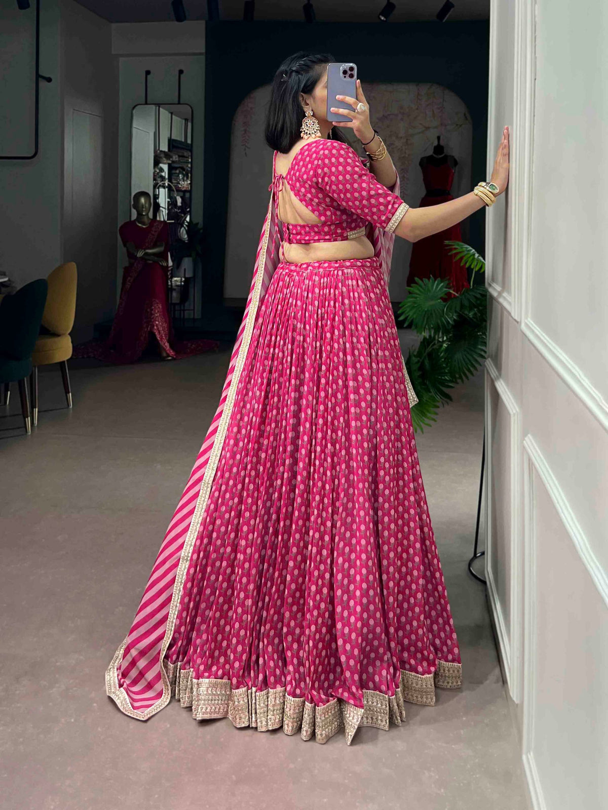 Pink Floral Print Embroidered Lehenga Set | Tulip Designer
