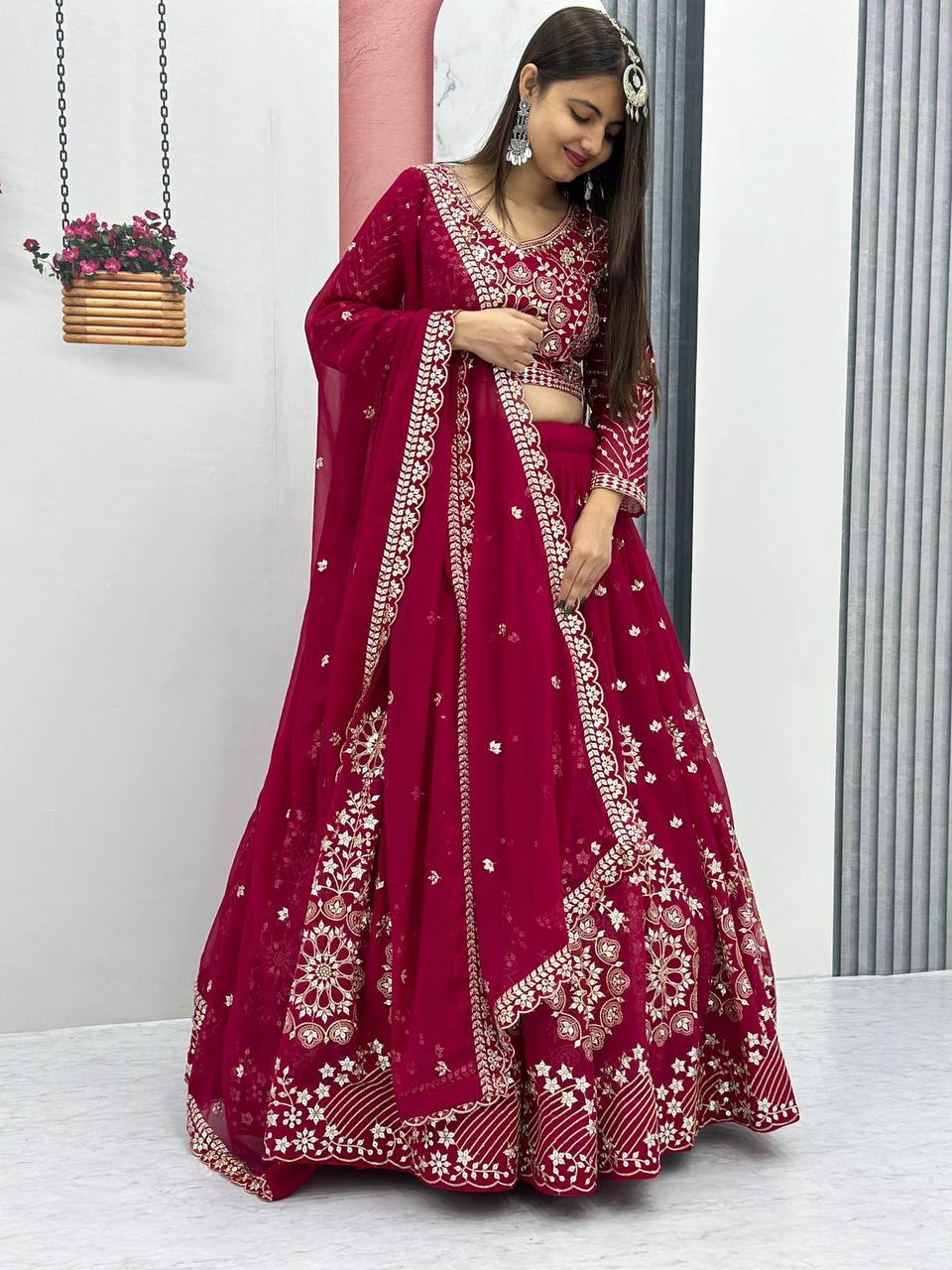 Heavy Sequence & Thread Work Rani Pink Georgette Ready to Wear Lehenga Choli Set
