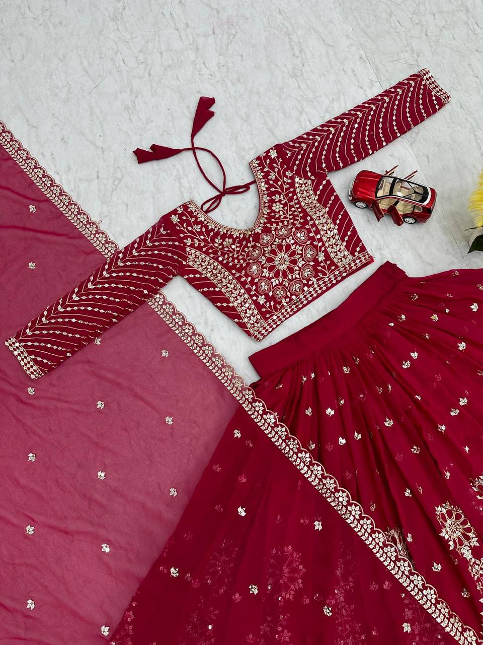 Heavy Sequence & Thread Work Rani Pink Georgette Ready to Wear Lehenga Choli Set
