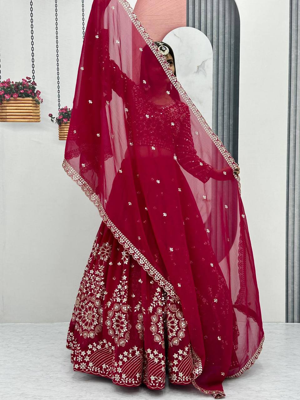 Heavy Sequence & Thread Work Rani Pink Georgette Ready to Wear Lehenga Choli Set
