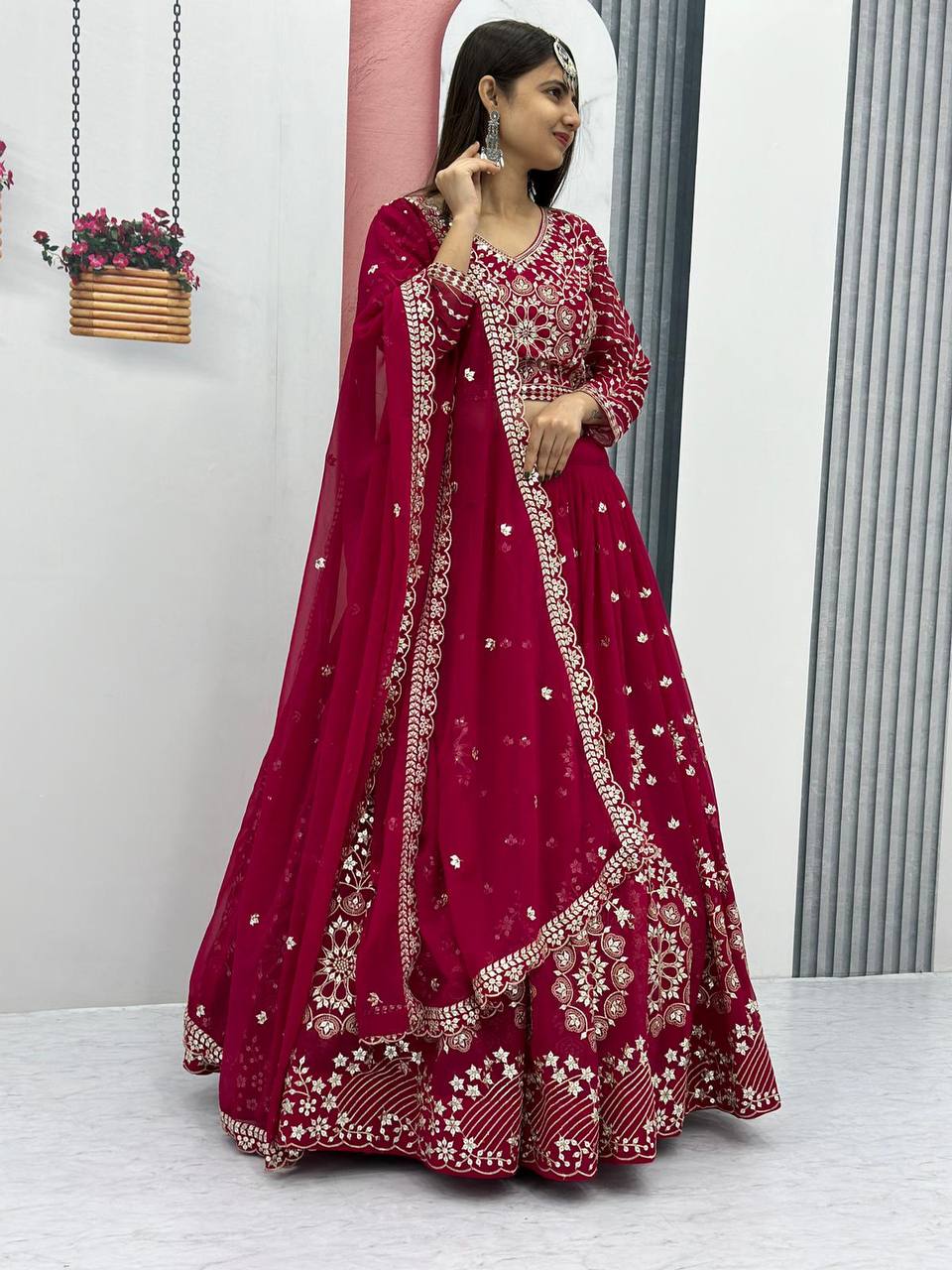 Heavy Sequence & Thread Work Rani Pink Georgette Ready to Wear Lehenga Choli Set
