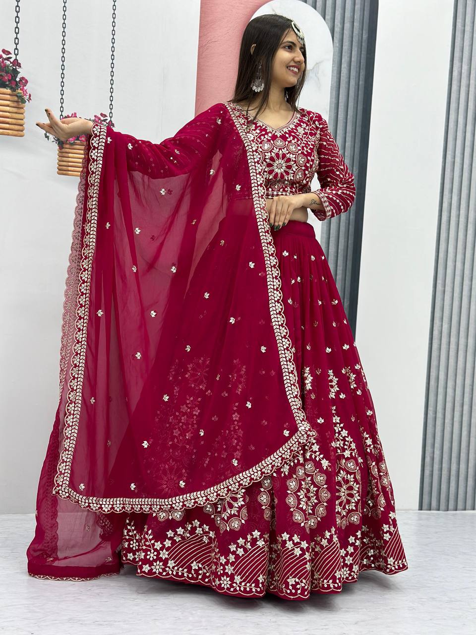 Heavy Sequence & Thread Work Rani Pink Georgette Ready to Wear Lehenga Choli Set
