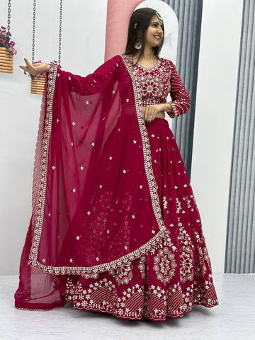 Heavy Sequence & Thread Work Rani Pink Georgette Ready to Wear Lehenga Choli Set
