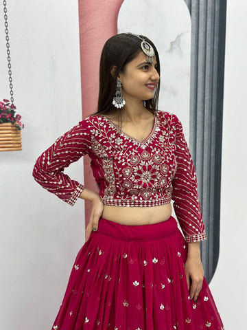 Heavy Sequence & Thread Work Rani Pink Georgette Ready to Wear Lehenga Choli Set
