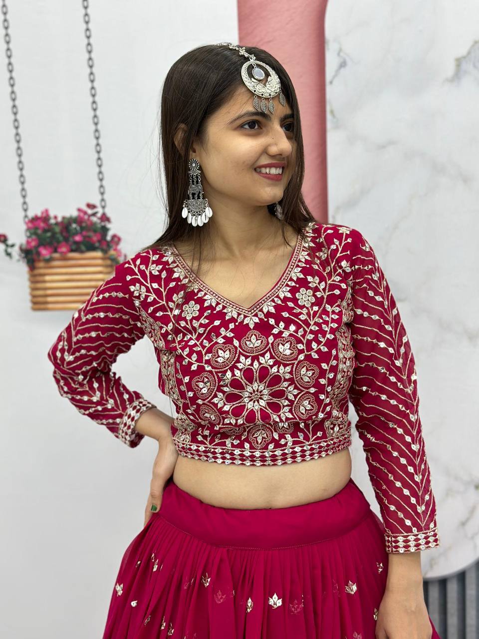 Heavy Sequence & Thread Work Rani Pink Georgette Ready to Wear Lehenga Choli Set
