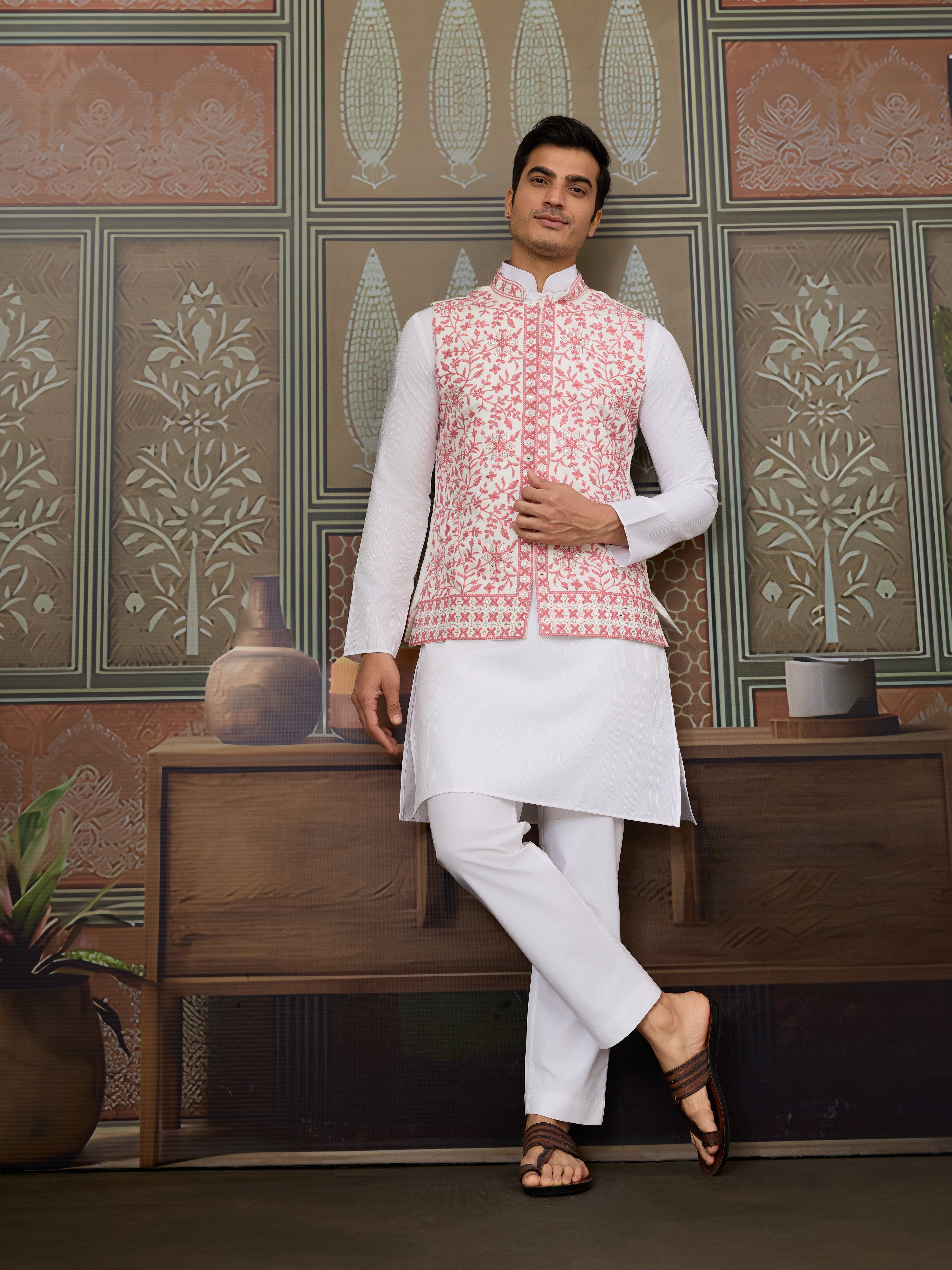 Wedding Pink Koti with White Kurta Pajama Set