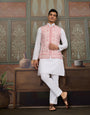 Wedding Pink Koti with White Kurta Pajama Set