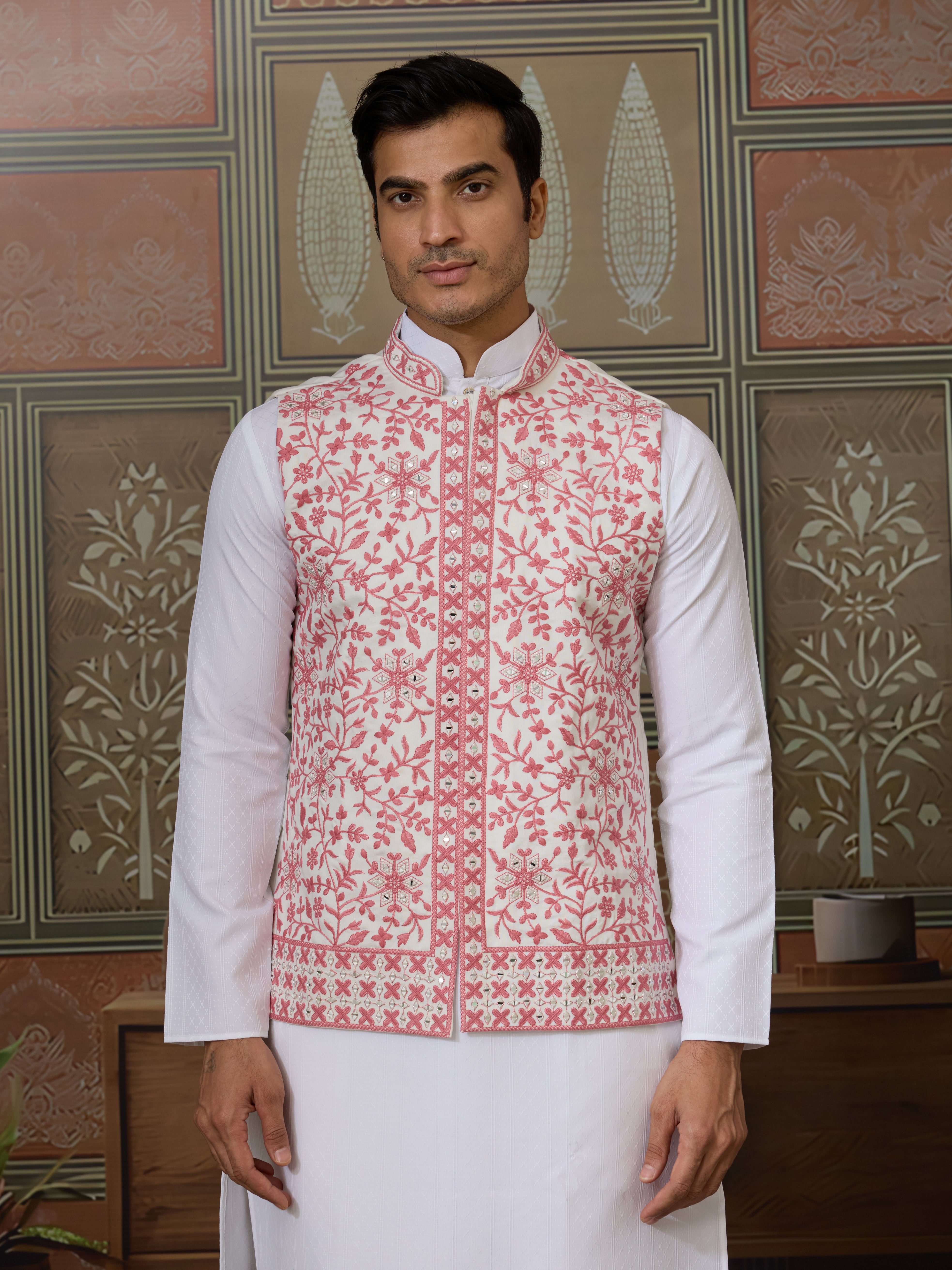 Wedding Pink Koti with White Kurta Pajama Set