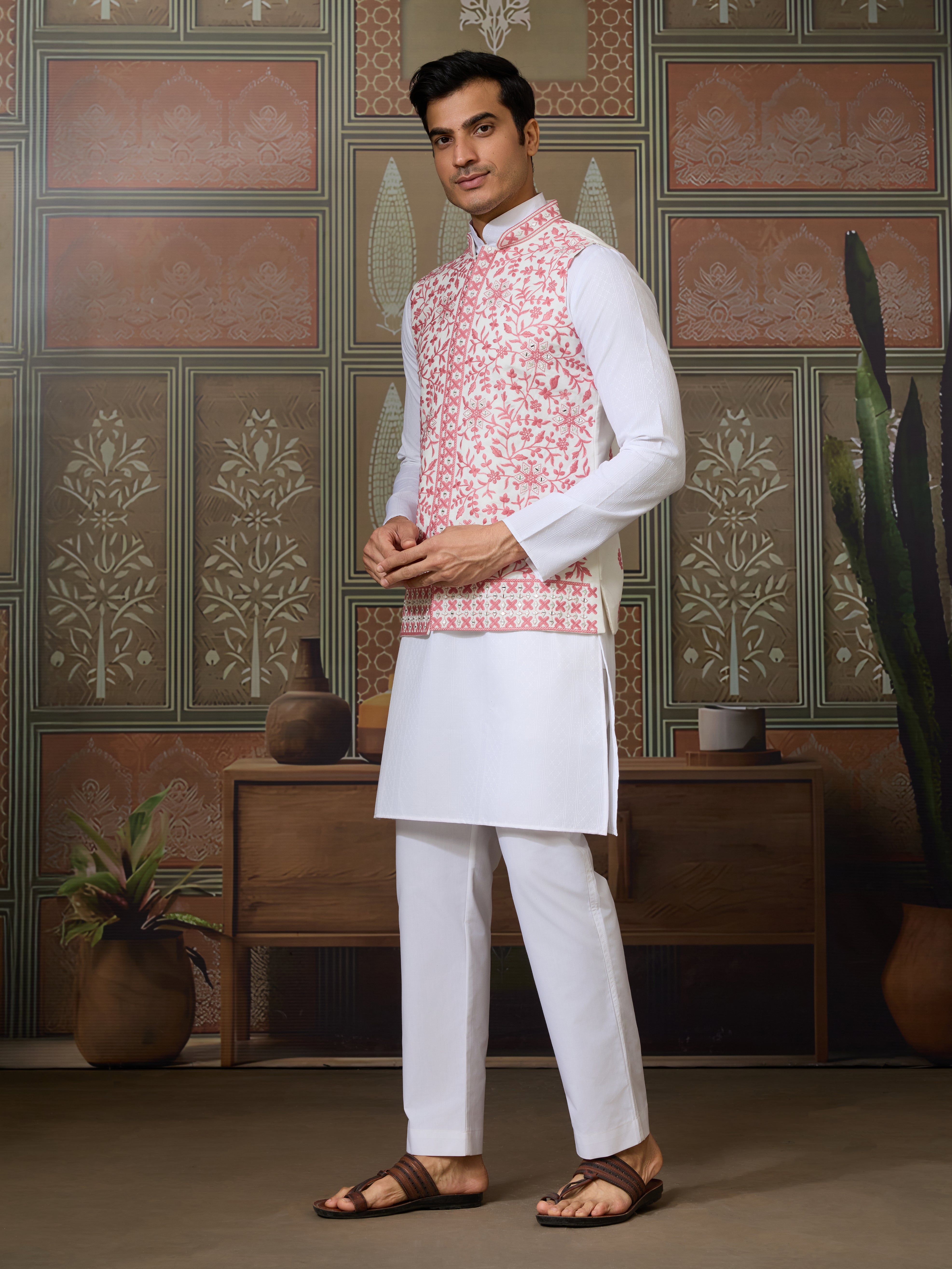 Wedding Pink Koti with White Kurta Pajama Set