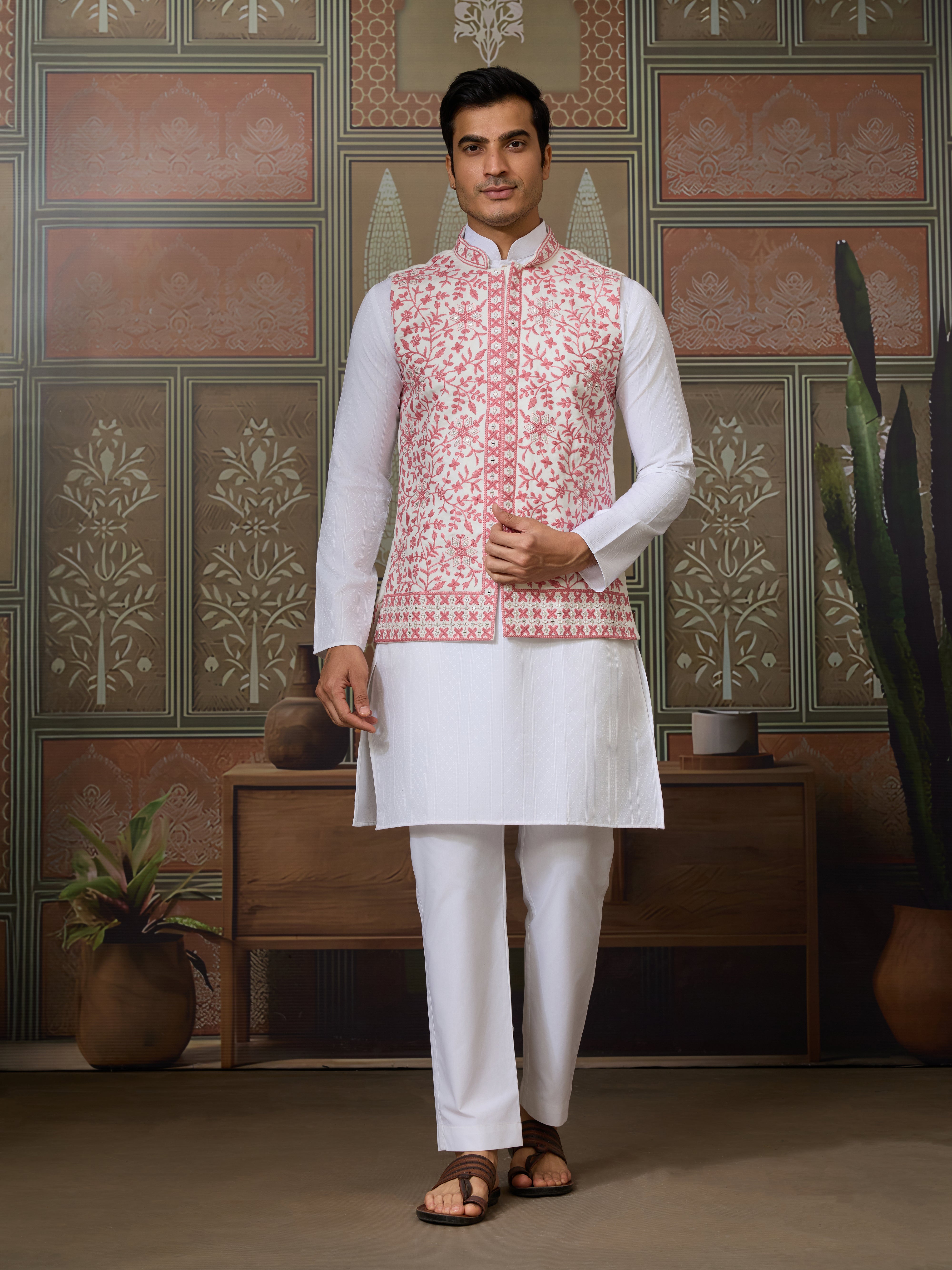 Wedding Pink Koti with White Kurta Pajama Set