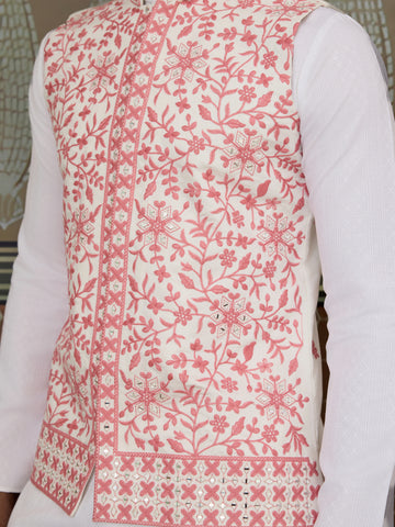 Wedding Pink Koti with White Kurta Pajama Set