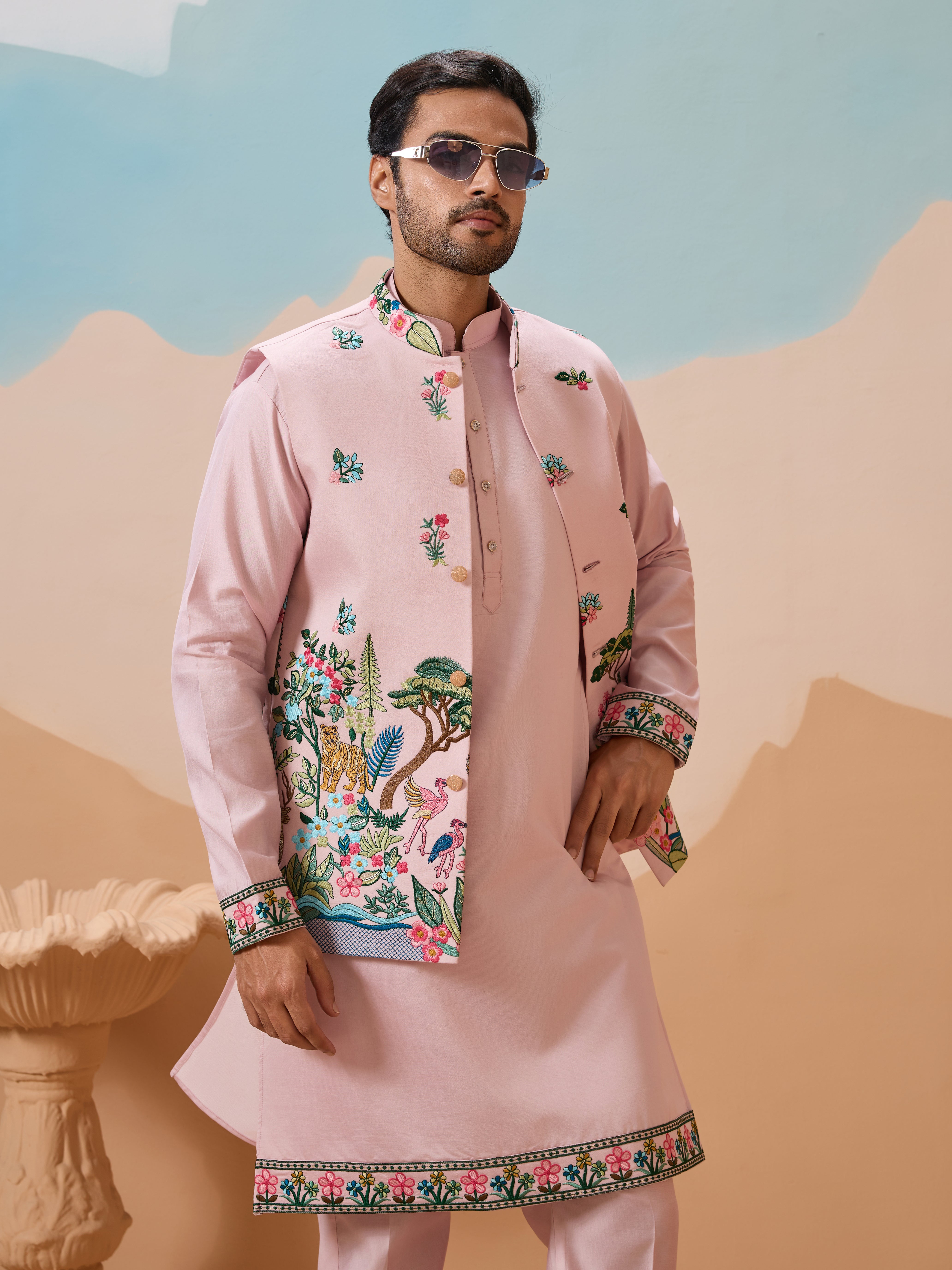 Classy Light Pink Mens Koti Kurta for Wedding Celebrations