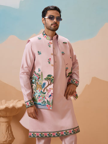 Classy Light Pink Mens Koti Kurta for Wedding Celebrations