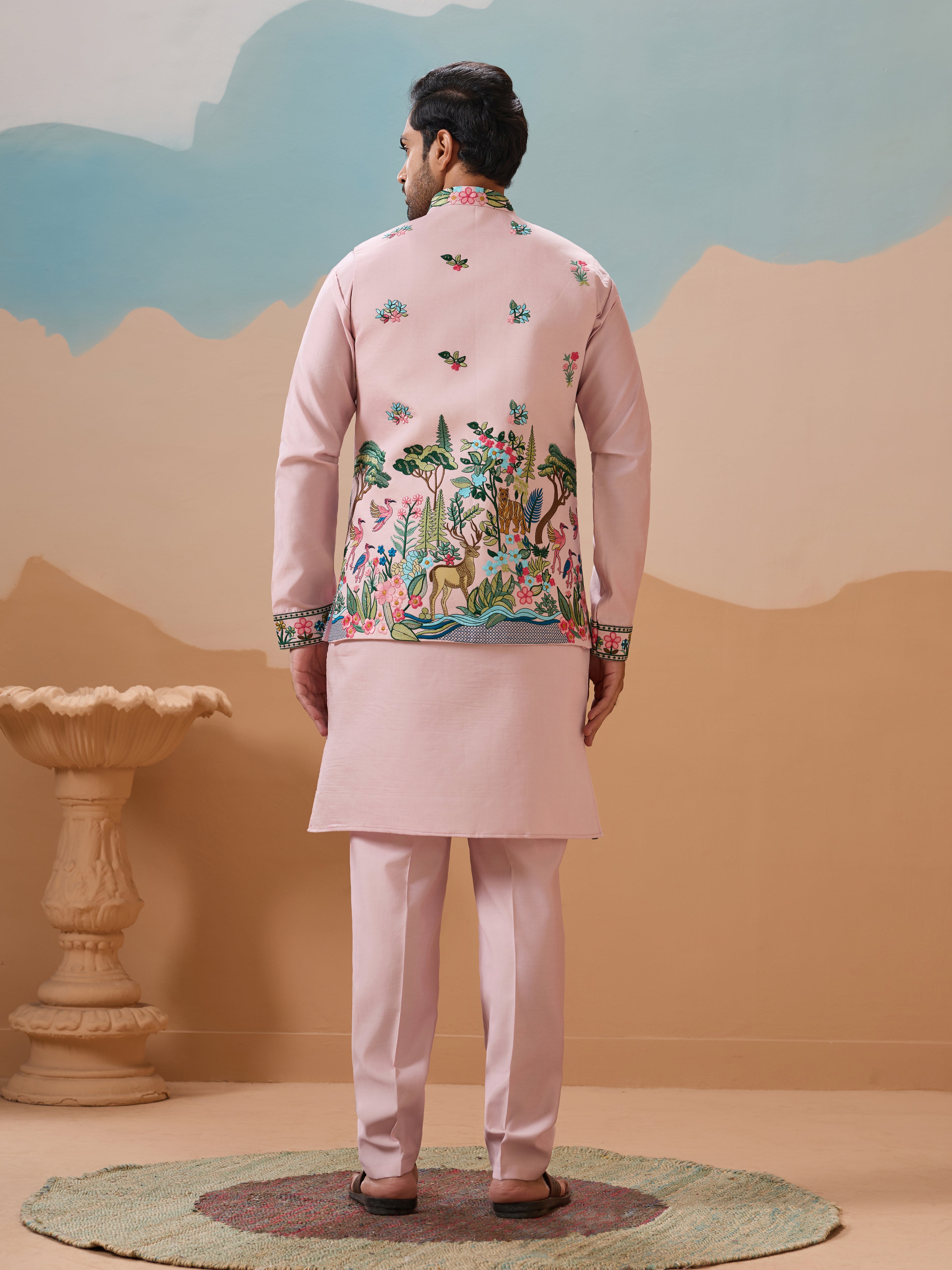 Classy Light Pink Mens Koti Kurta for Wedding Celebrations