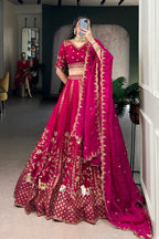 Luxury Natural Silk Pink Designer Sequins With Thread Embroidery Lehenga Set
