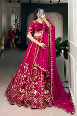 Luxury Natural Silk Pink Designer Sequins With Thread Embroidery Lehenga Set