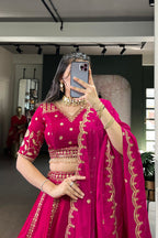 Luxury Natural Silk Pink Designer Sequins With Thread Embroidery Lehenga Set