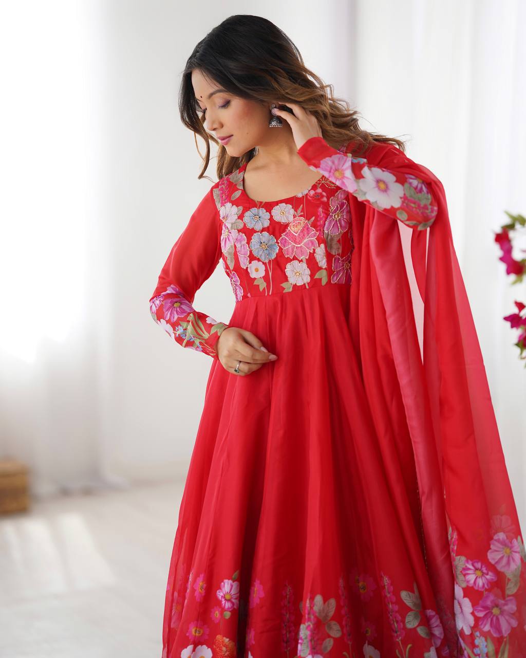 Pink Pure Soft Organza Silk Anarkali Suit with Dupatta & Pant