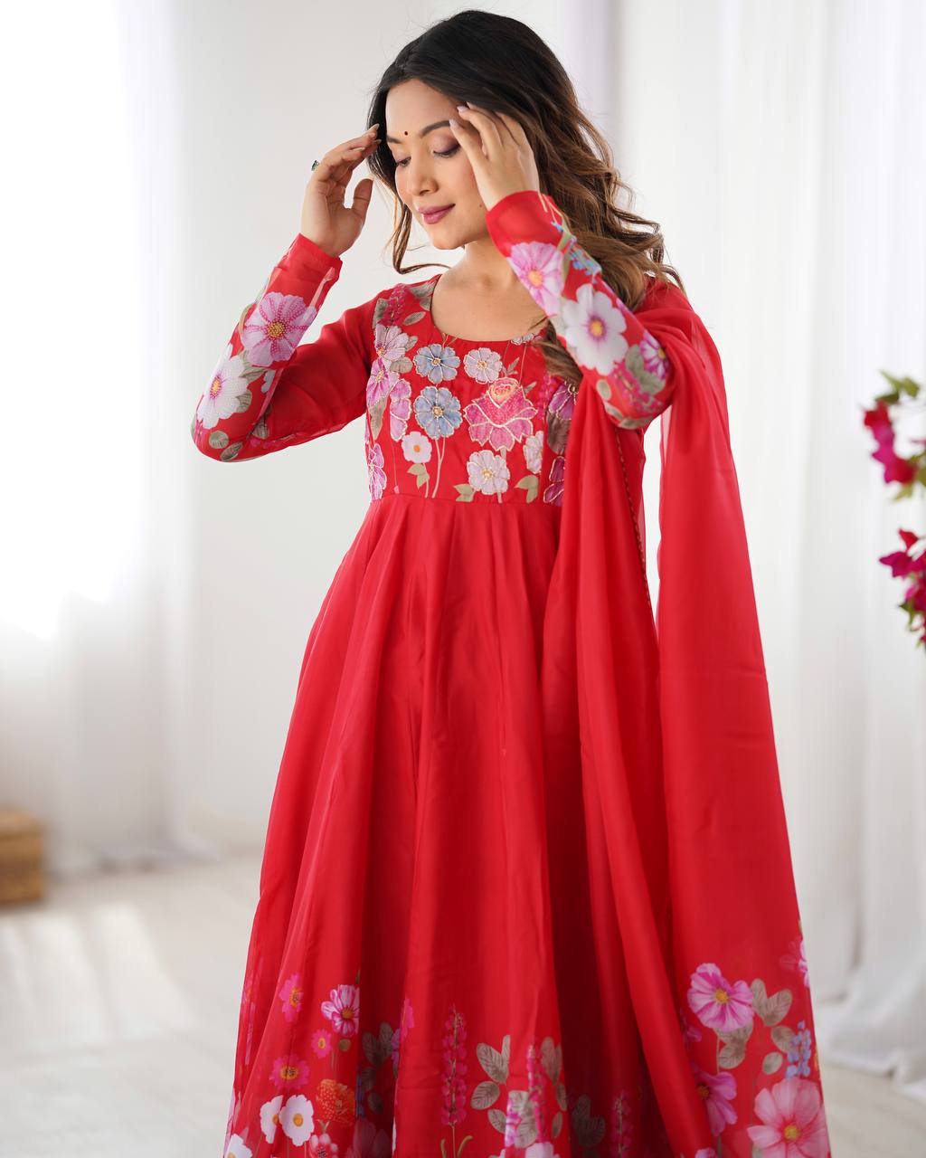 Pink Pure Soft Organza Silk Anarkali Suit with Dupatta & Pant