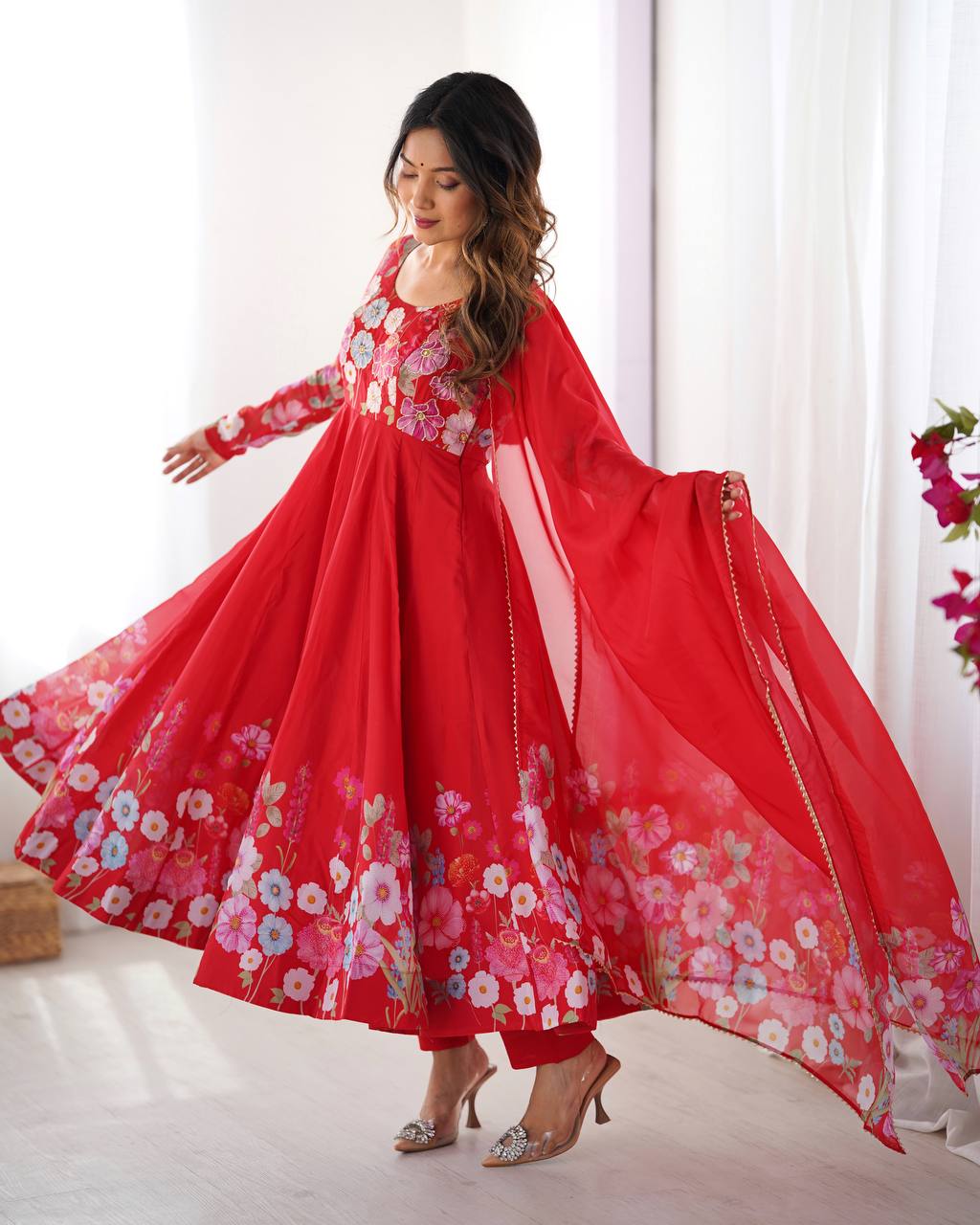 Pink Pure Soft Organza Silk Anarkali Suit with Dupatta & Pant