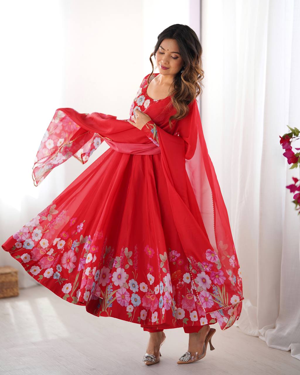 Pink Pure Soft Organza Silk Anarkali Suit with Dupatta & Pant