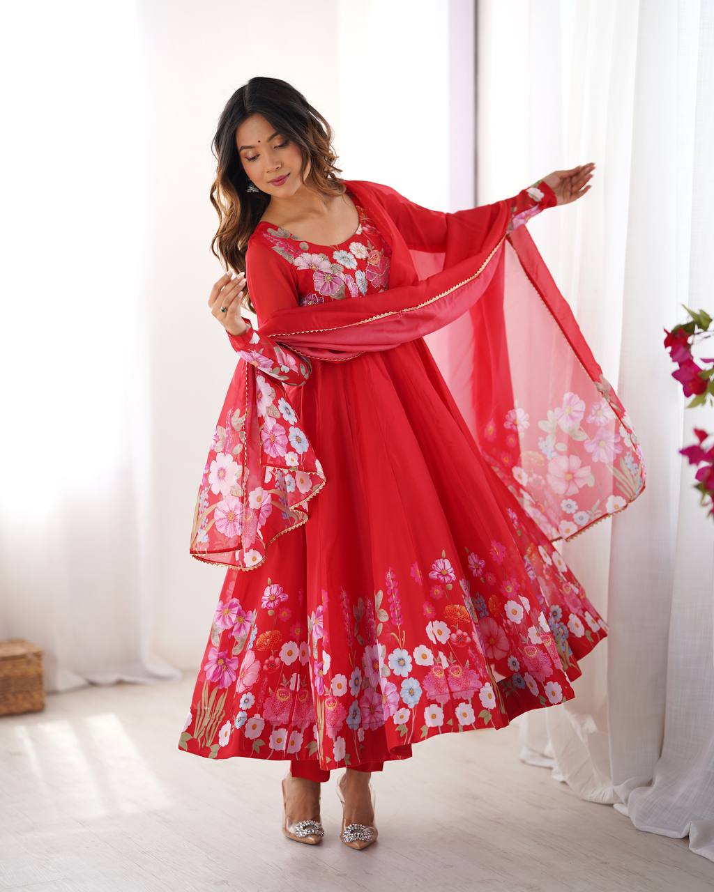 Pink Pure Soft Organza Silk Anarkali Suit with Dupatta & Pant