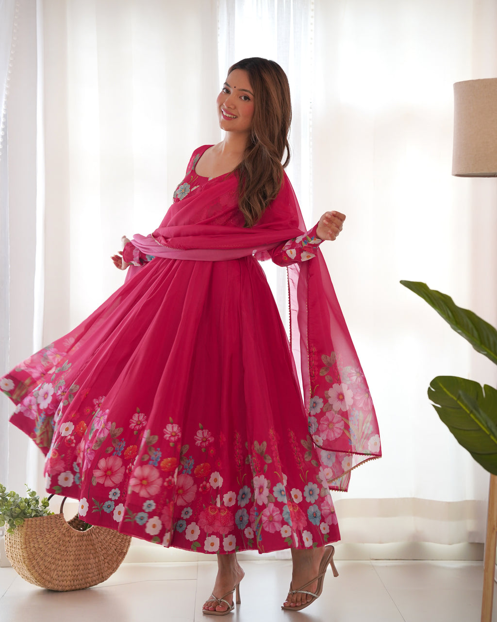 Pure Soft Organza Silk Fabric Fully Flair Kali Pattern and Canvas Patta With Dupatta Set ,Pent Ready to Wear - Pink
