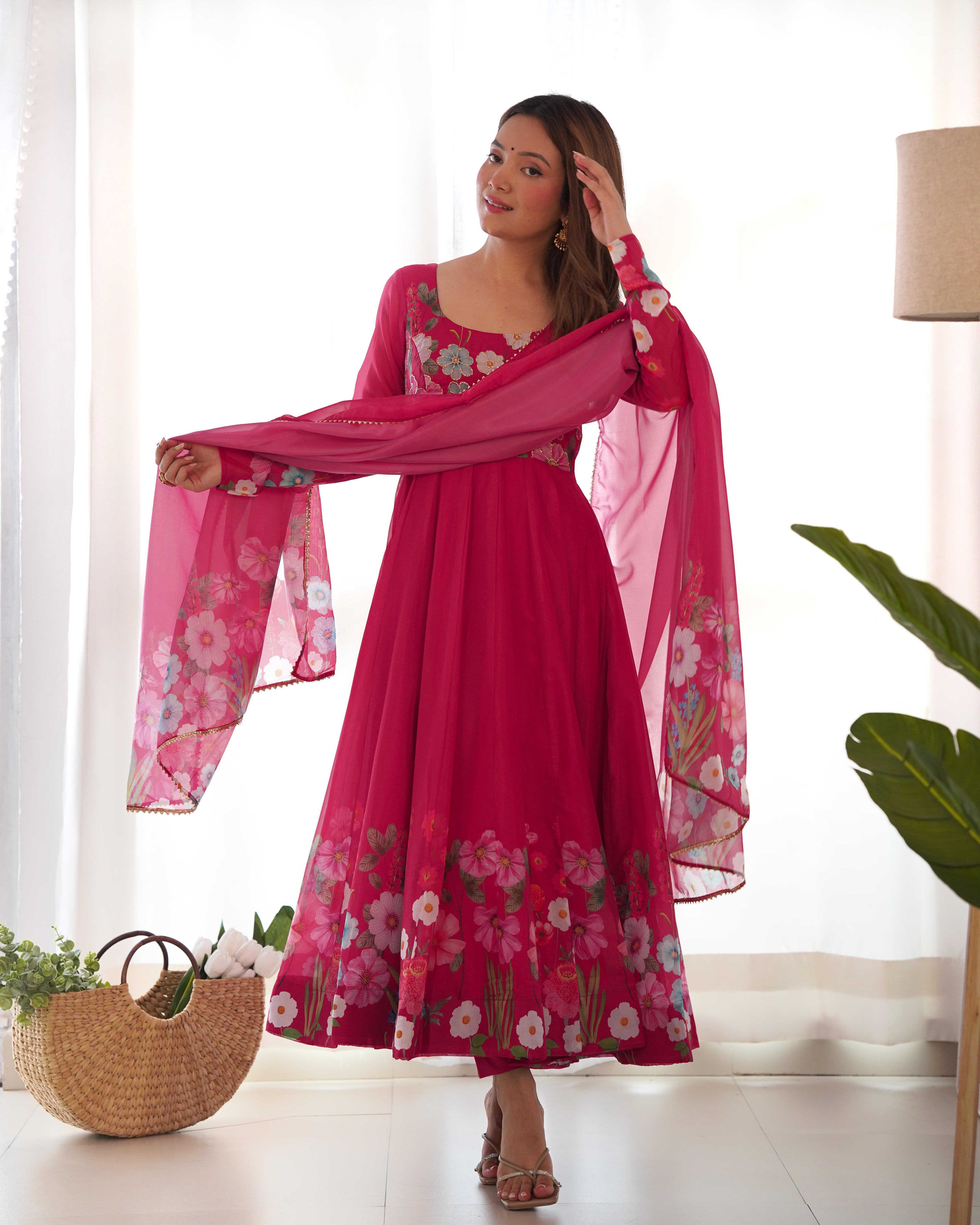 Pure Soft Organza Silk Fabric Fully Flair Kali Pattern and Canvas Patta With Dupatta Set ,Pent Ready to Wear - Pink
