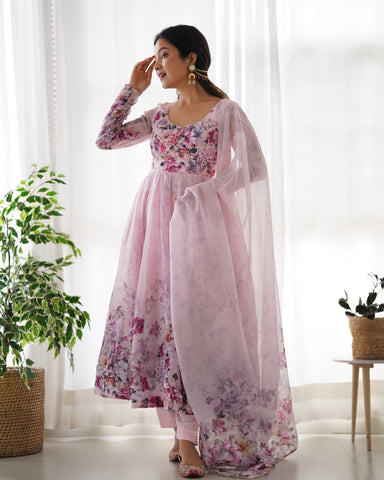 Pink Color Digitally Printed Pure Soft Organza Anarkali Suit With Huge Flair Comes With Duppatta & Pant

