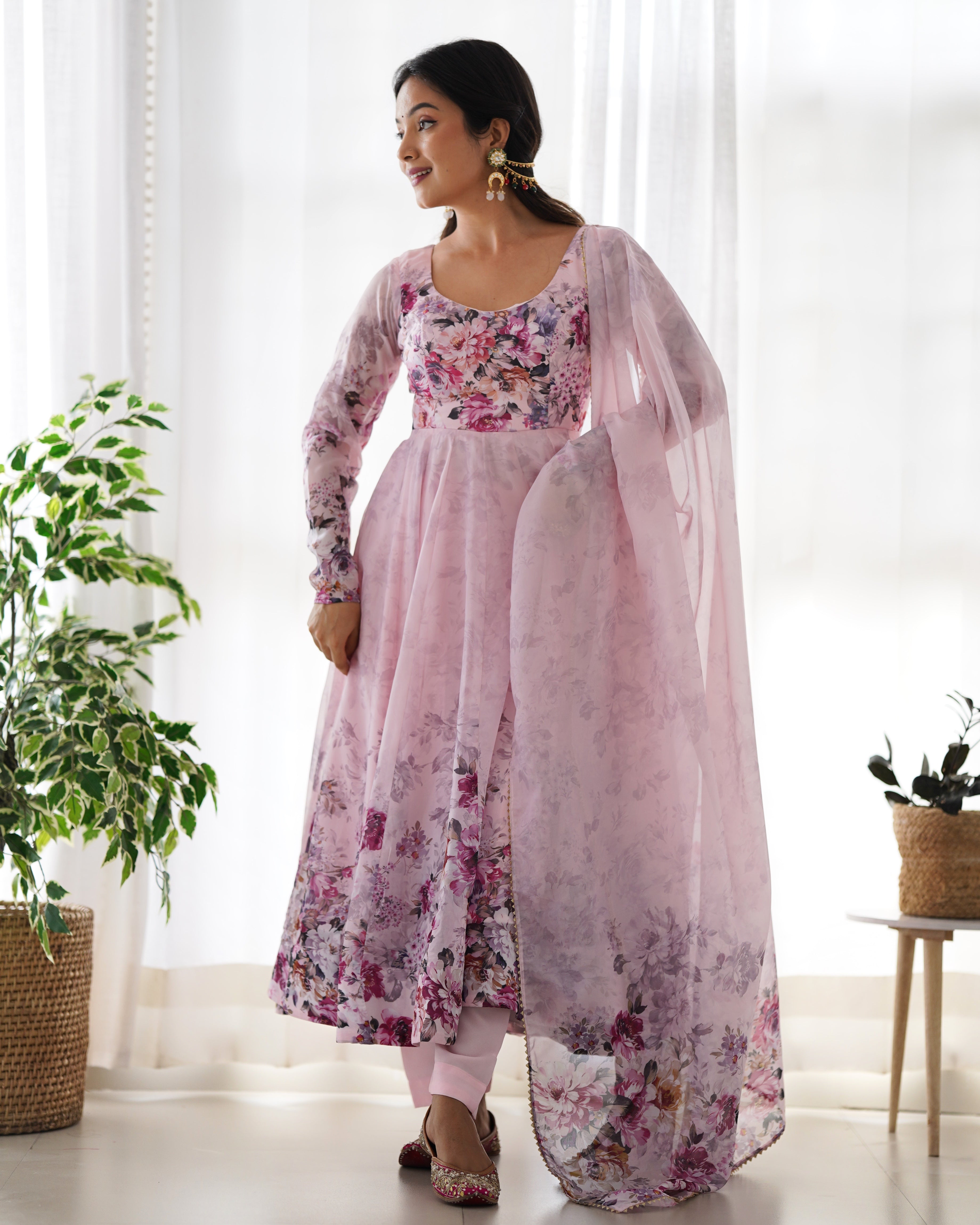 
Pink Color Digitally Printed Pure Soft Organza Anarkali Suit With Huge Flair Comes With Duppatta & Pant
