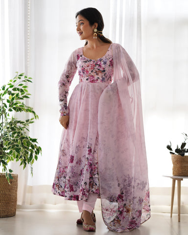 
Pink Color Digitally Printed Pure Soft Organza Anarkali Suit With Huge Flair Comes With Duppatta & Pant
