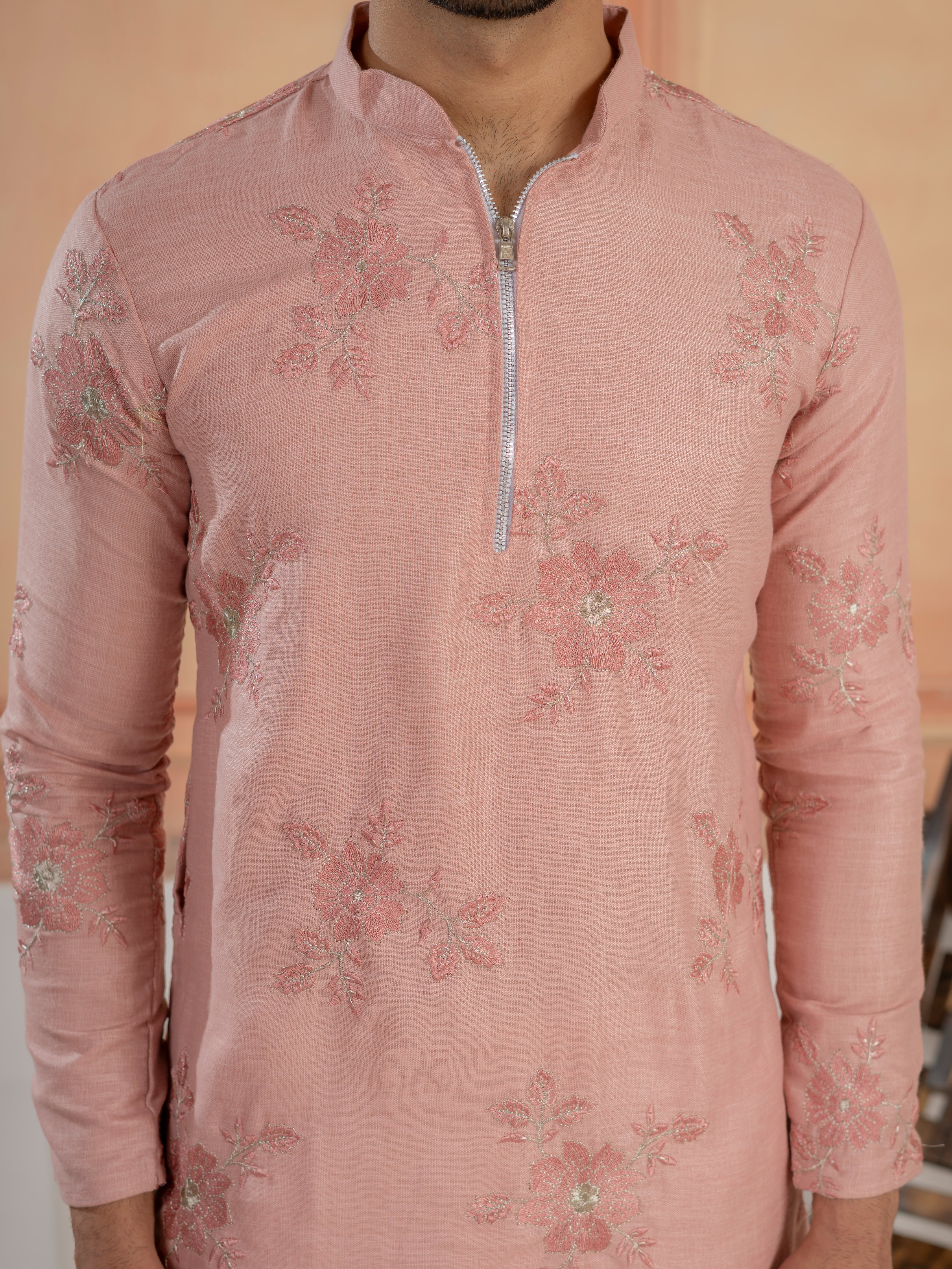 Premium Pink Linen Embroidered Kurta Set For Men
