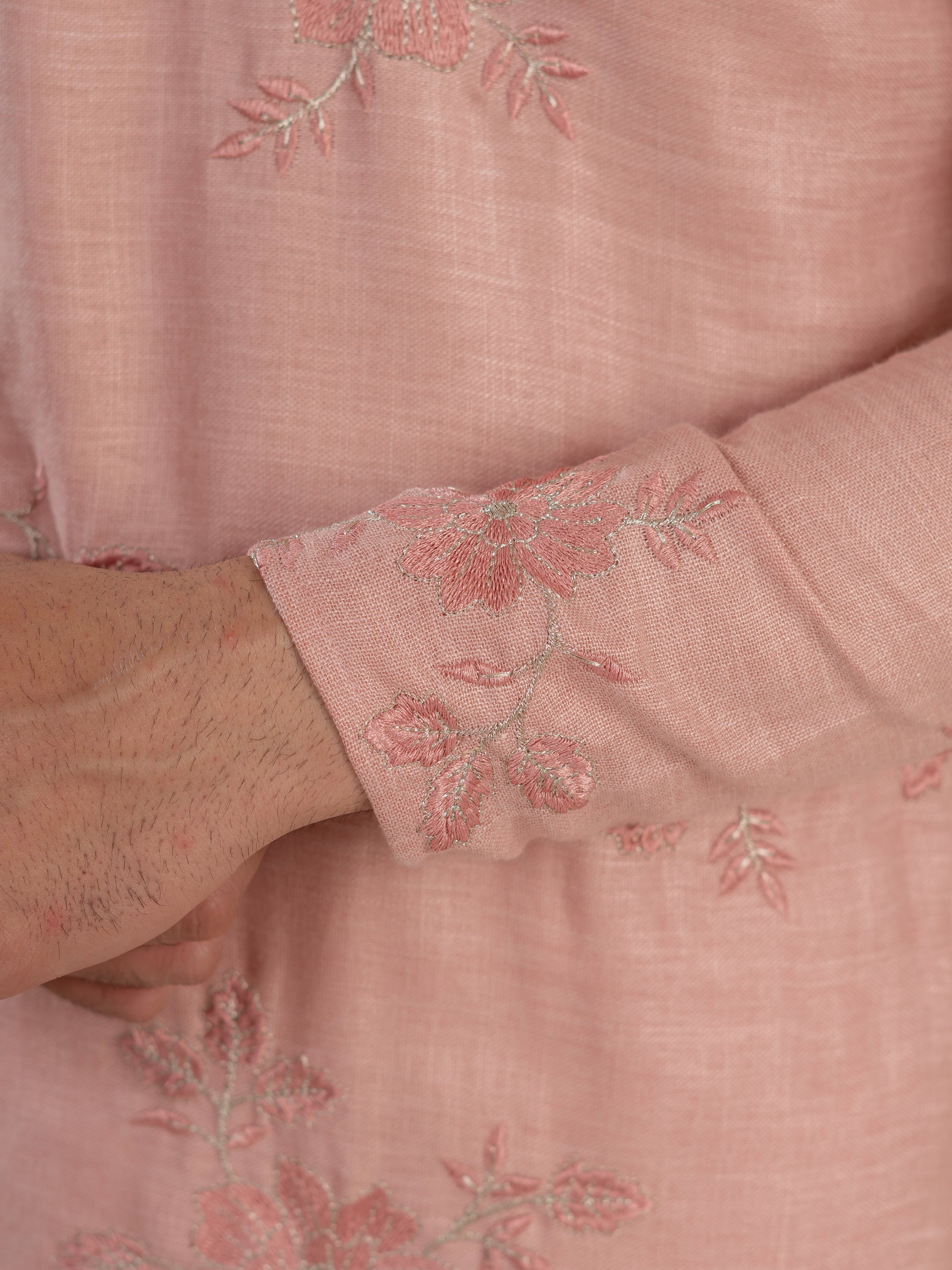 Premium Pink Linen Embroidered Kurta Set For Men
