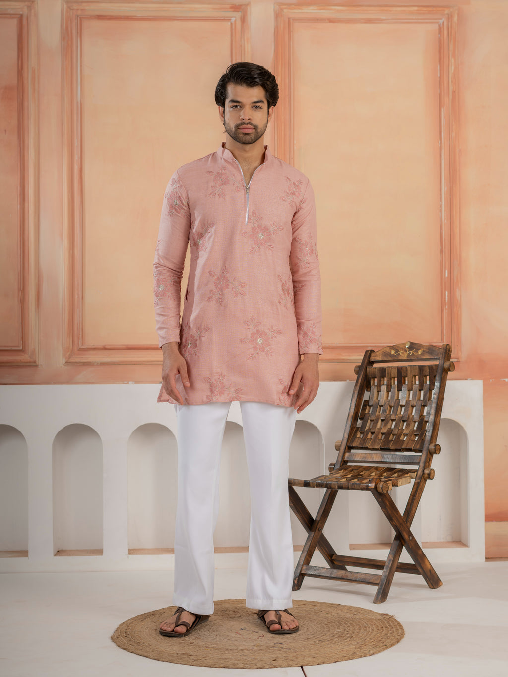 Premium Pink Linen Embroidered Kurta Set For Men
