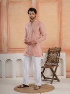 Premium Pink Linen Embroidered Kurta Set For Men
