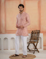 Premium Pink Linen Embroidered Kurta Set For Men
