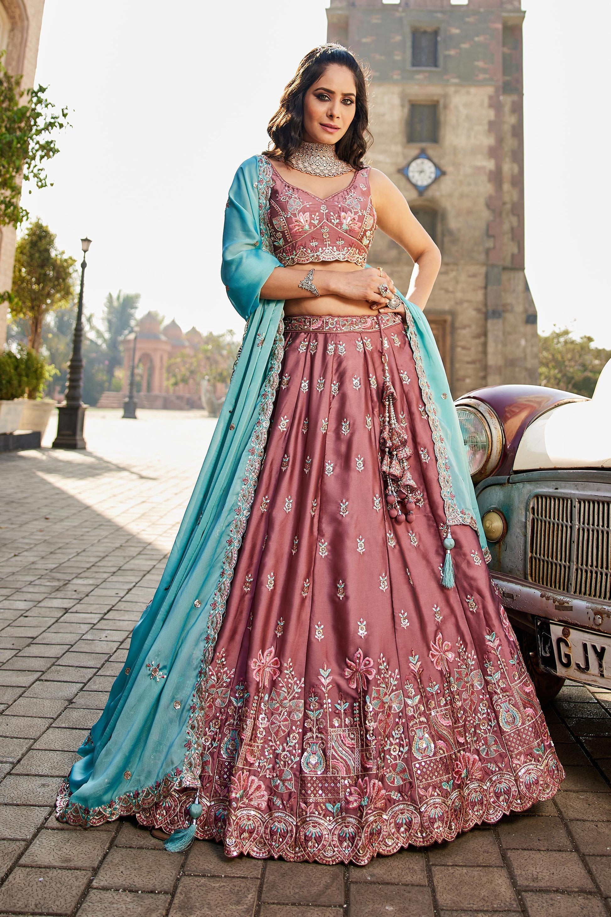 Premium Pink Rangoli Silk Zari Dori Sequins Bridal Lehenga Choli Set
