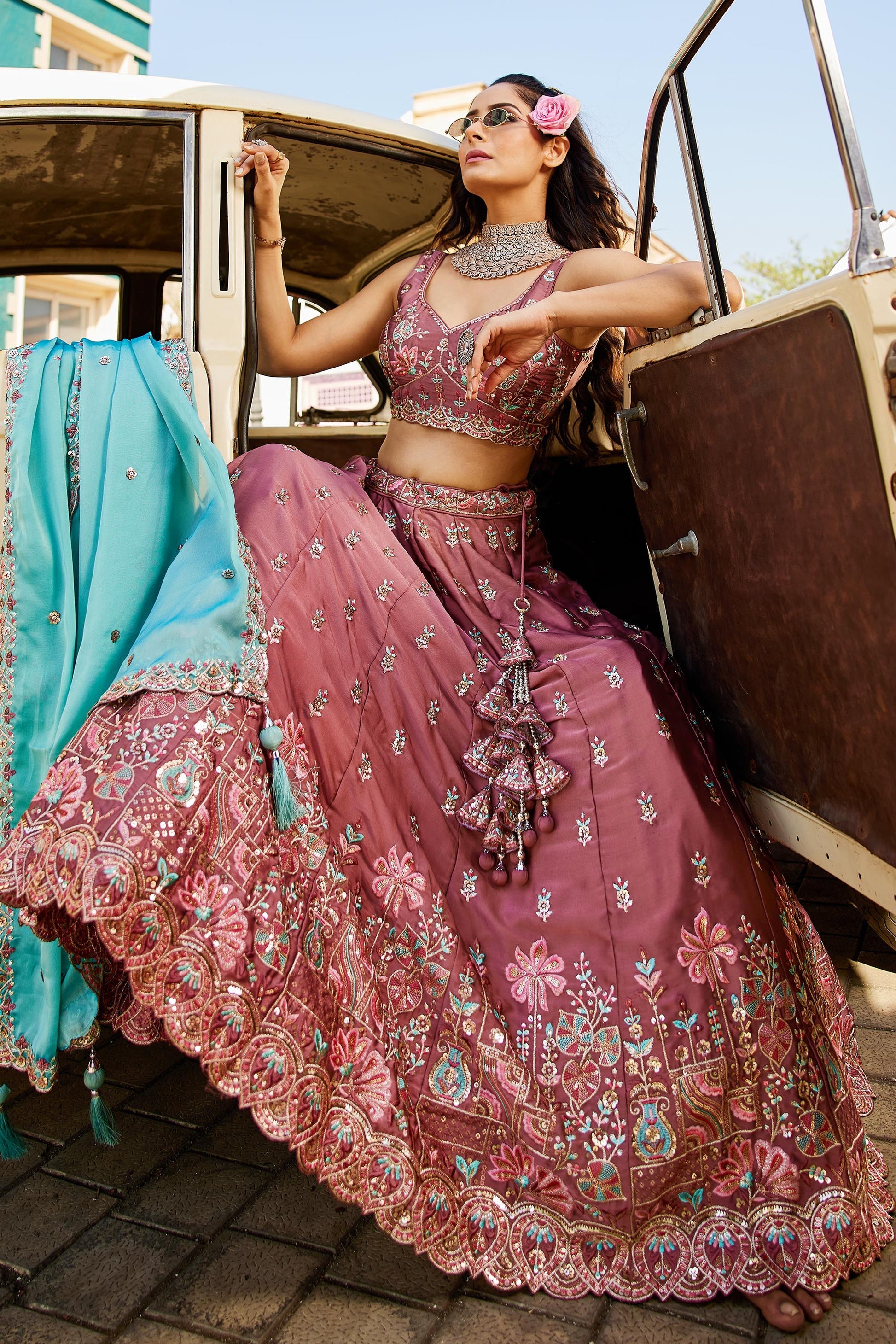 Premium Pink Rangoli Silk Zari Dori Sequins Bridal Lehenga Choli Set
