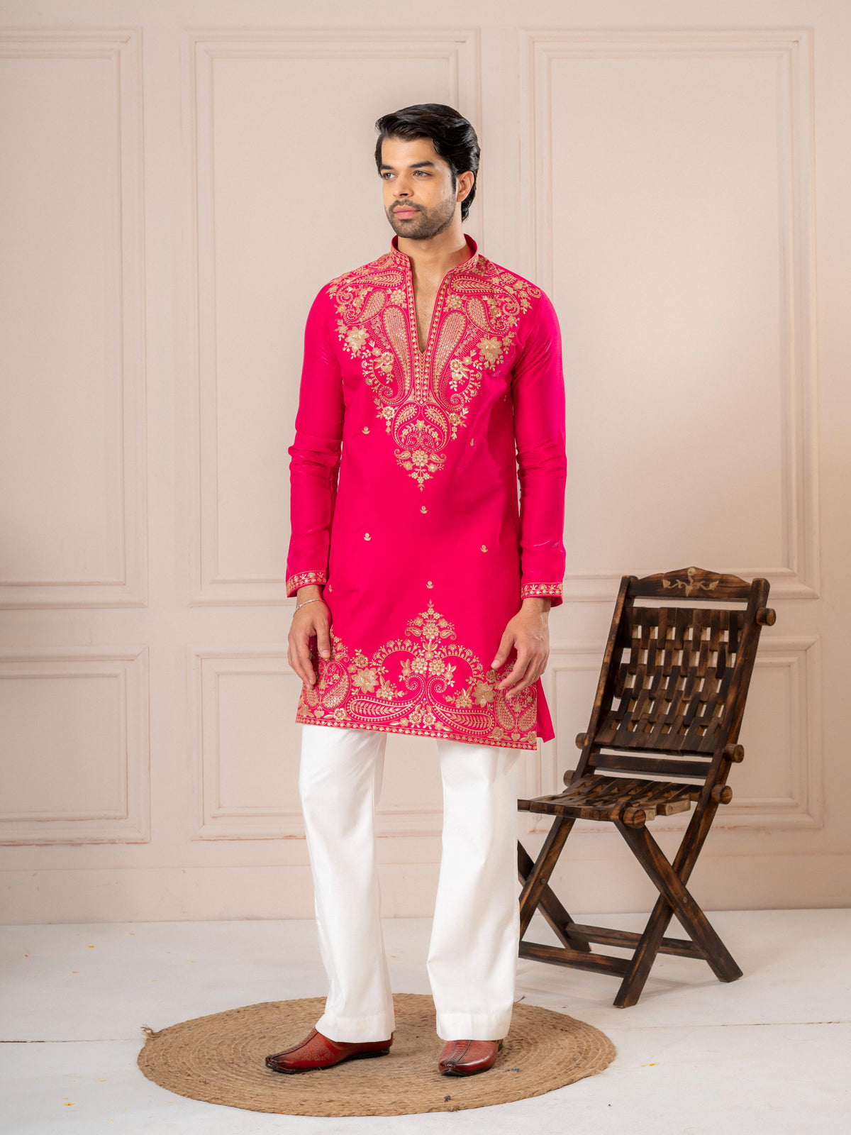 Pink Roman Silk Thread Work Kurta Set | Tulip Designer
