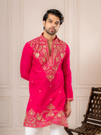 Pink Roman Silk Thread Work Kurta Set | Tulip Designer
