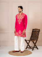Pink Roman Silk Thread Work Kurta Set | Tulip Designer
