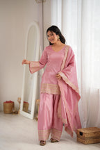 Pink Glass Roman Silk Embroidered Farshi Shalwar Suit Set
