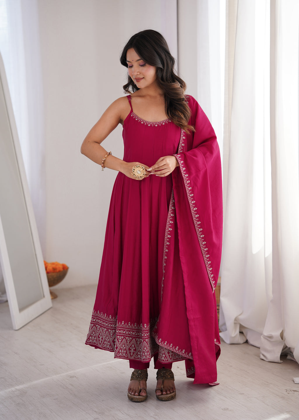 Stunning Pink Roman Silk Chanderi Designer Suit with Dupatta
