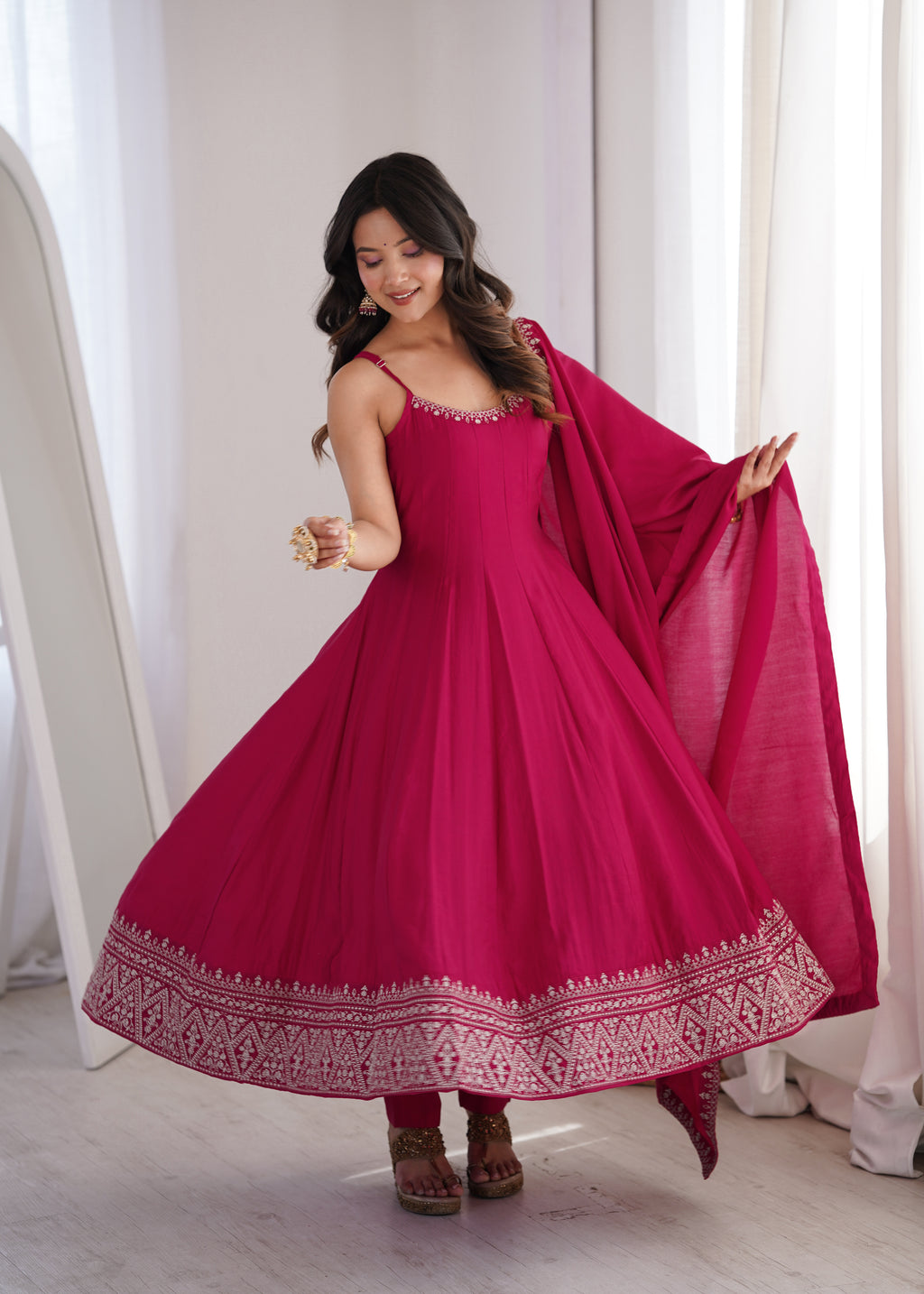 Stunning Pink Roman Silk Chanderi Designer Suit with Dupatta
