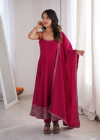 Stunning Pink Roman Silk Chanderi Designer Suit with Dupatta
