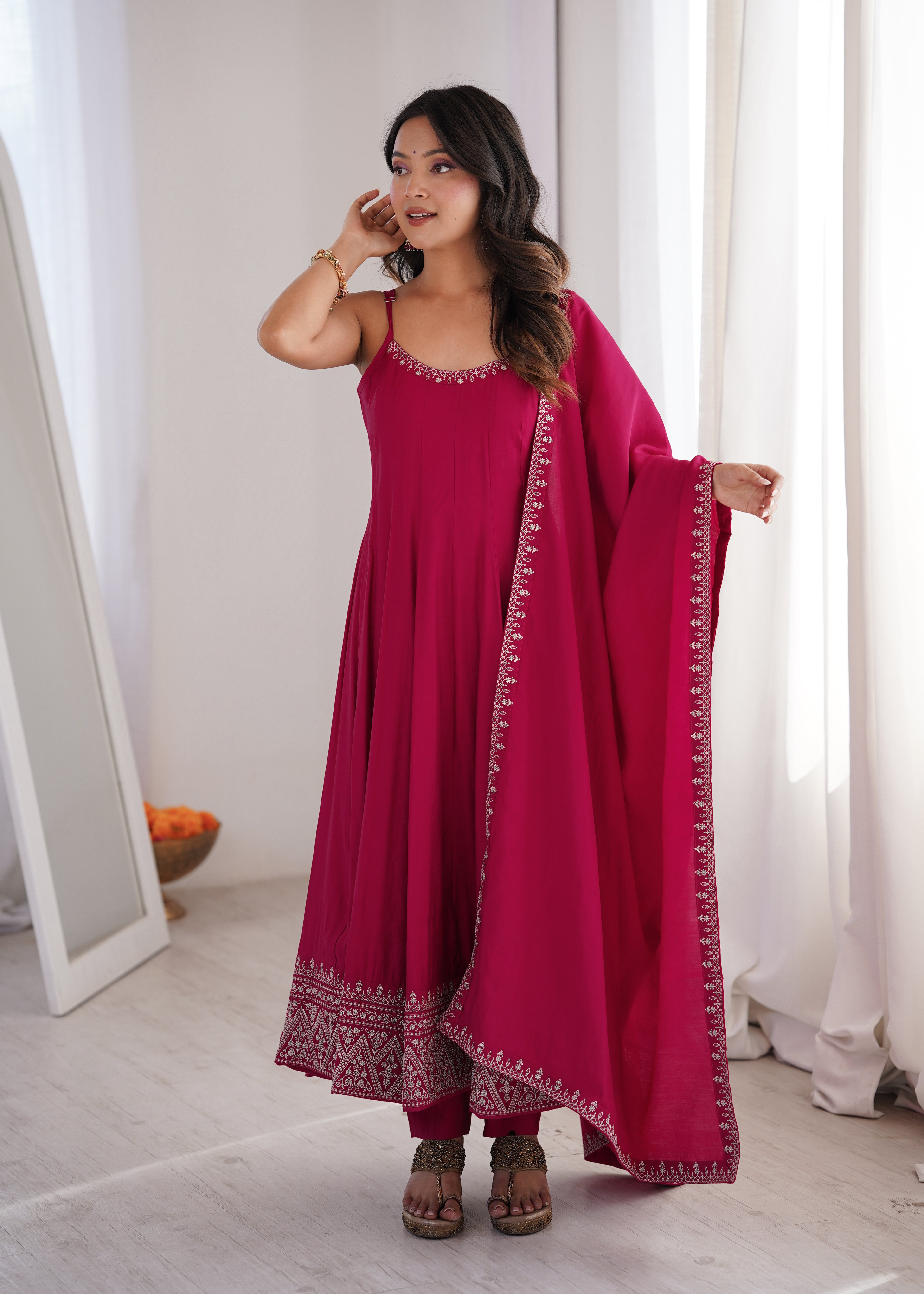 Stunning Pink Roman Silk Chanderi Designer Suit with Dupatta
