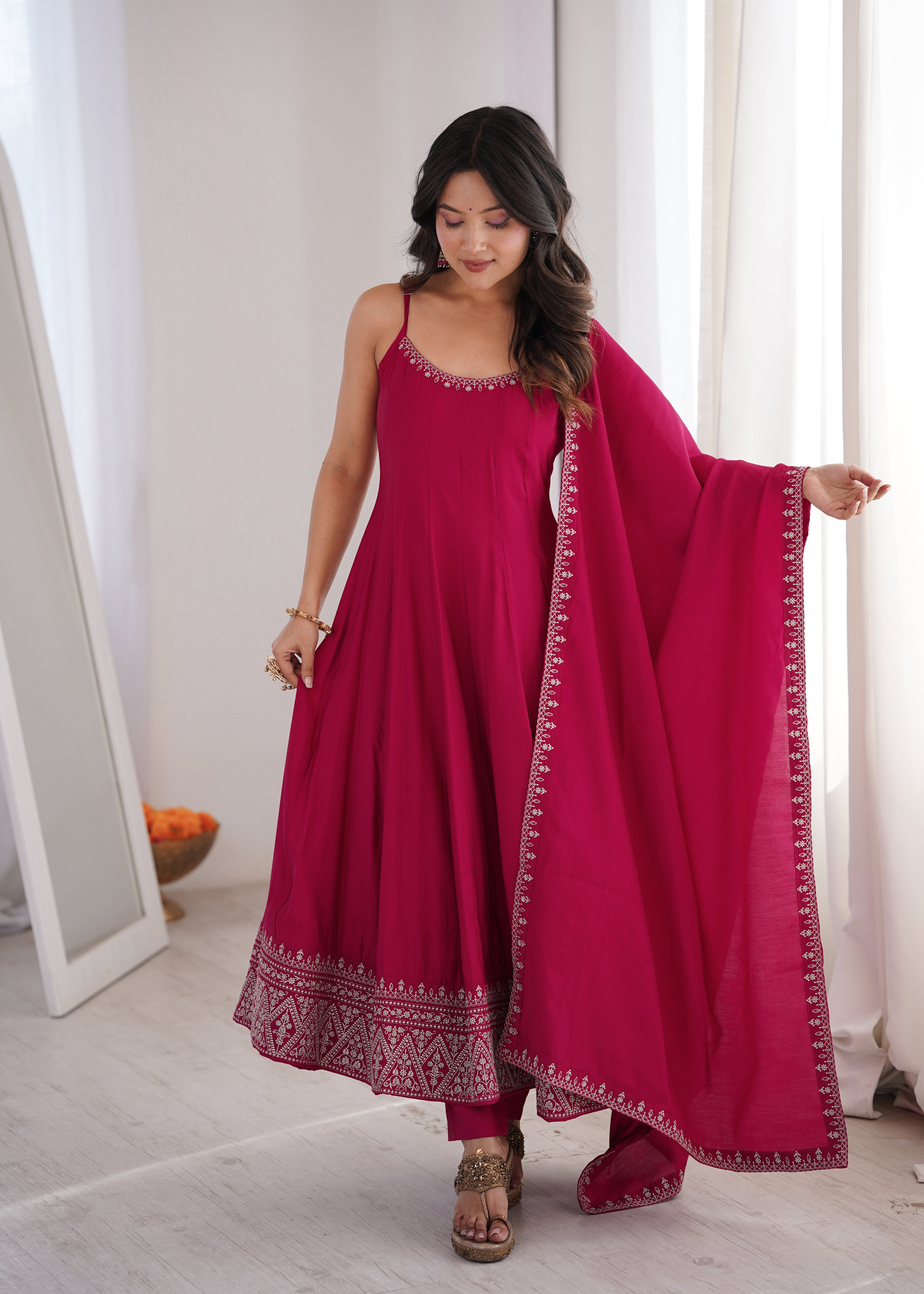 Stunning Pink Roman Silk Chanderi Designer Suit with Dupatta
