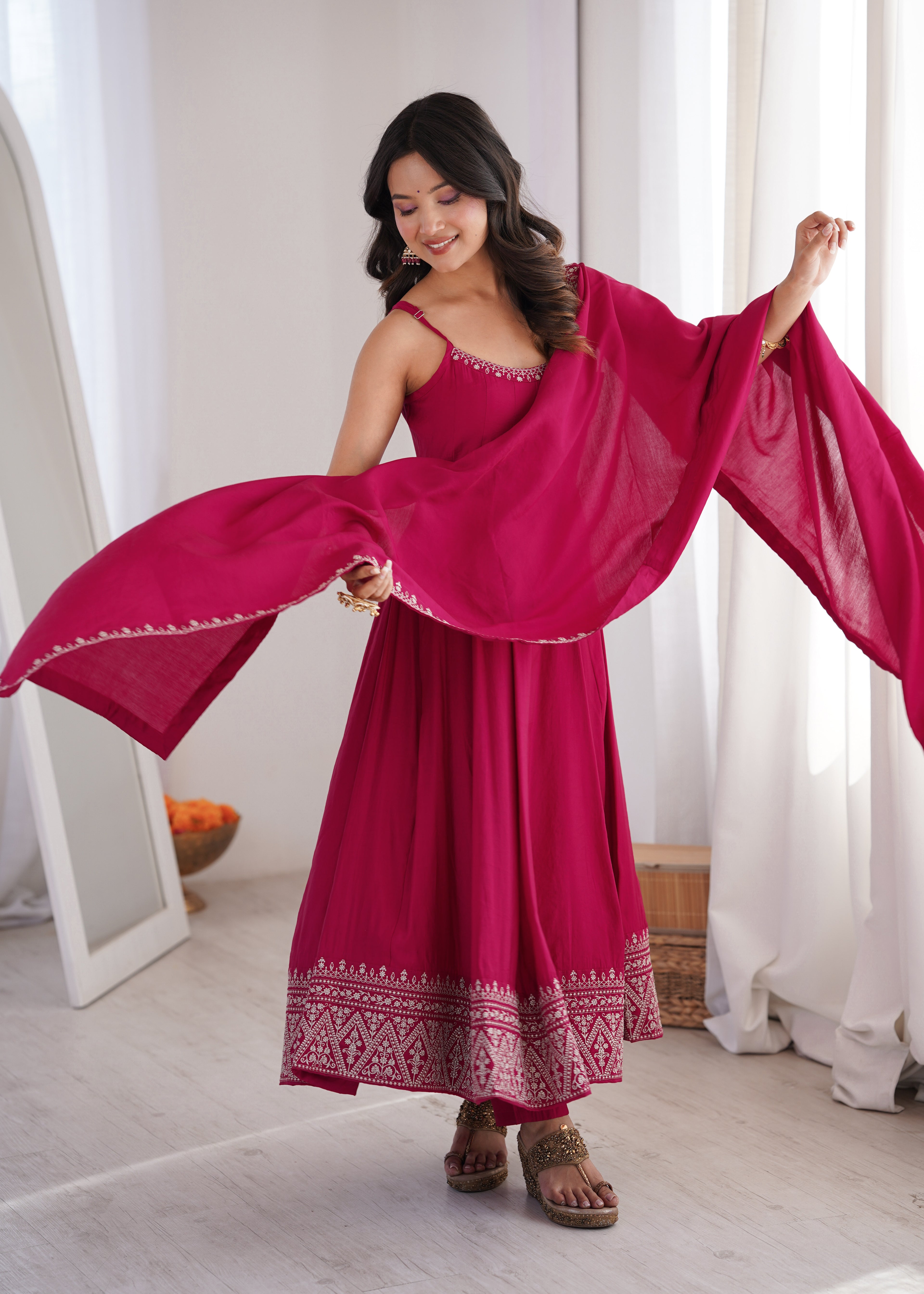 Stunning Pink Roman Silk Chanderi Designer Suit with Dupatta
