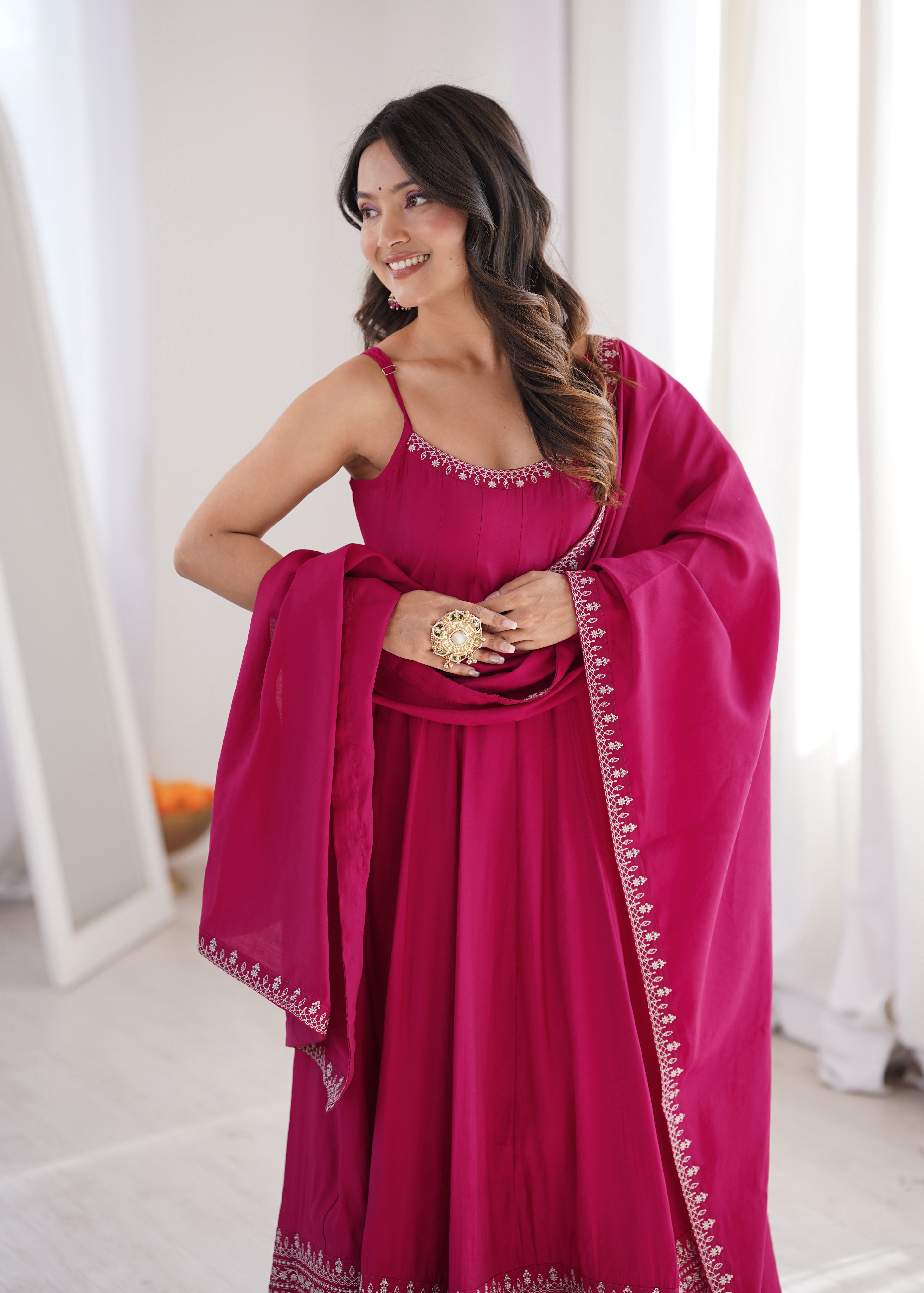 Stunning Pink Roman Silk Chanderi Designer Suit with Dupatta
