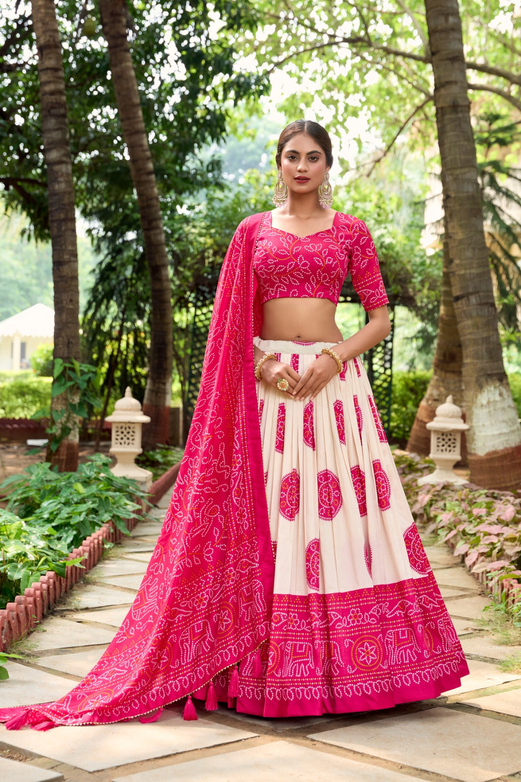 Pink Tasar Silk Bandhej Lehenga Choli Set With Dupatta
